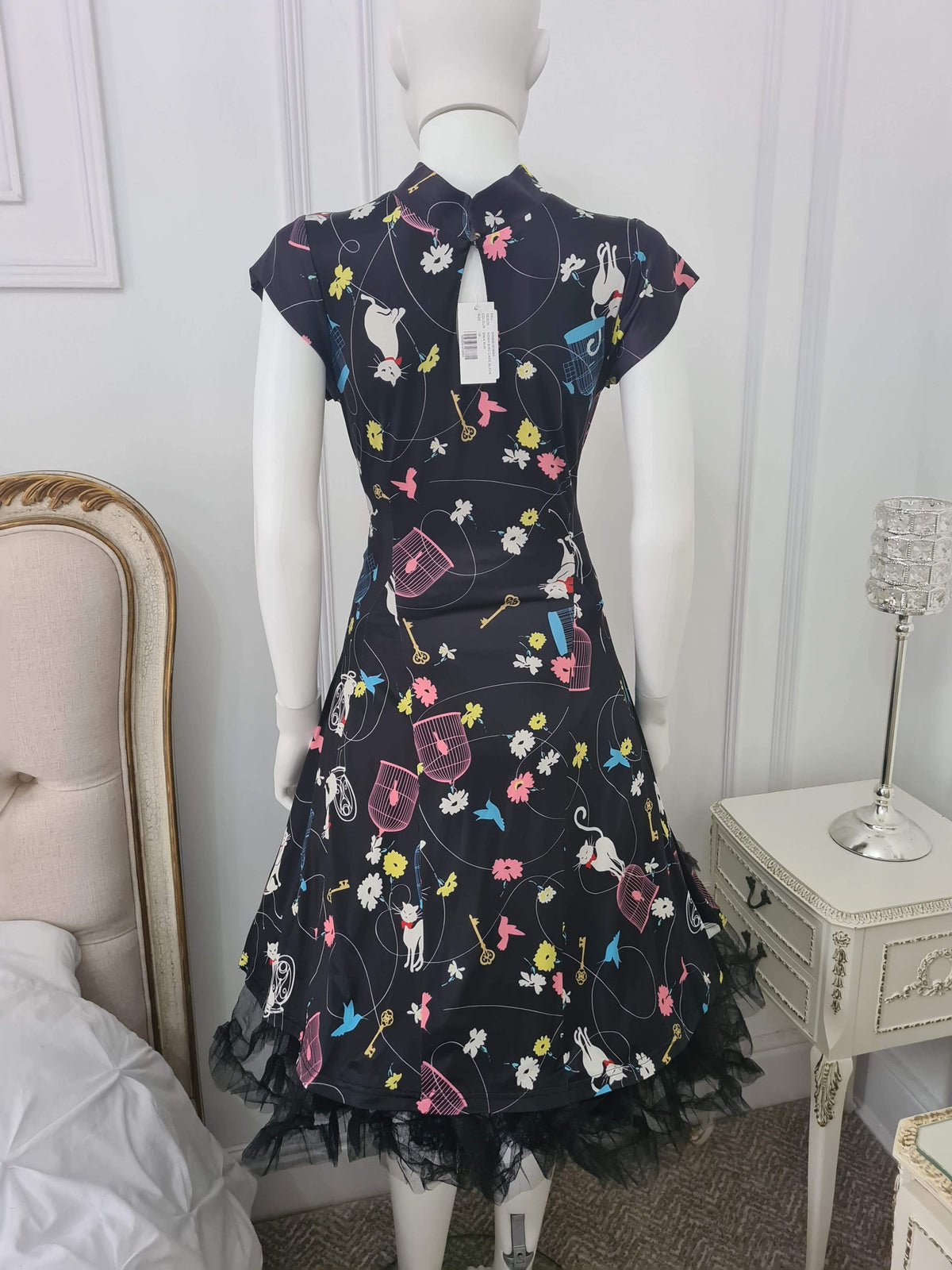 Lindy Bop Aidah Birdcage Print Black Dress - HerSecretCloset.co.uk