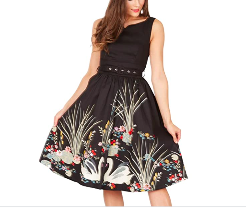 Lindy Bop Delta Black Swan Border Swing Dress –