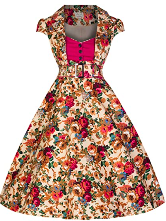 LINDY BOP GENEVA BEIGE MULTI FLORAL VINTAGE FIT FLARE DRESS