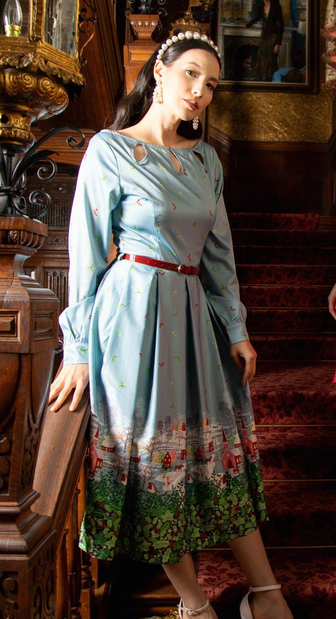 Lindy Bop Laurel Blue Holly and Ivy Print Midi Dress