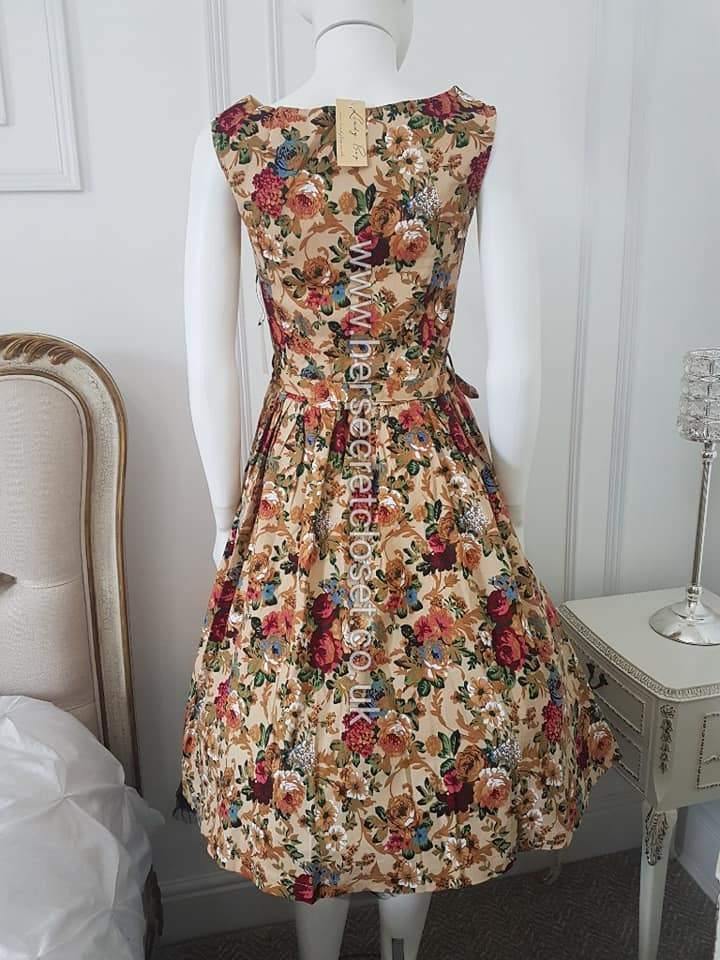 Lindy Bop Audrey Beige Floral Swing Dress - HerSecretCloset.co.uk