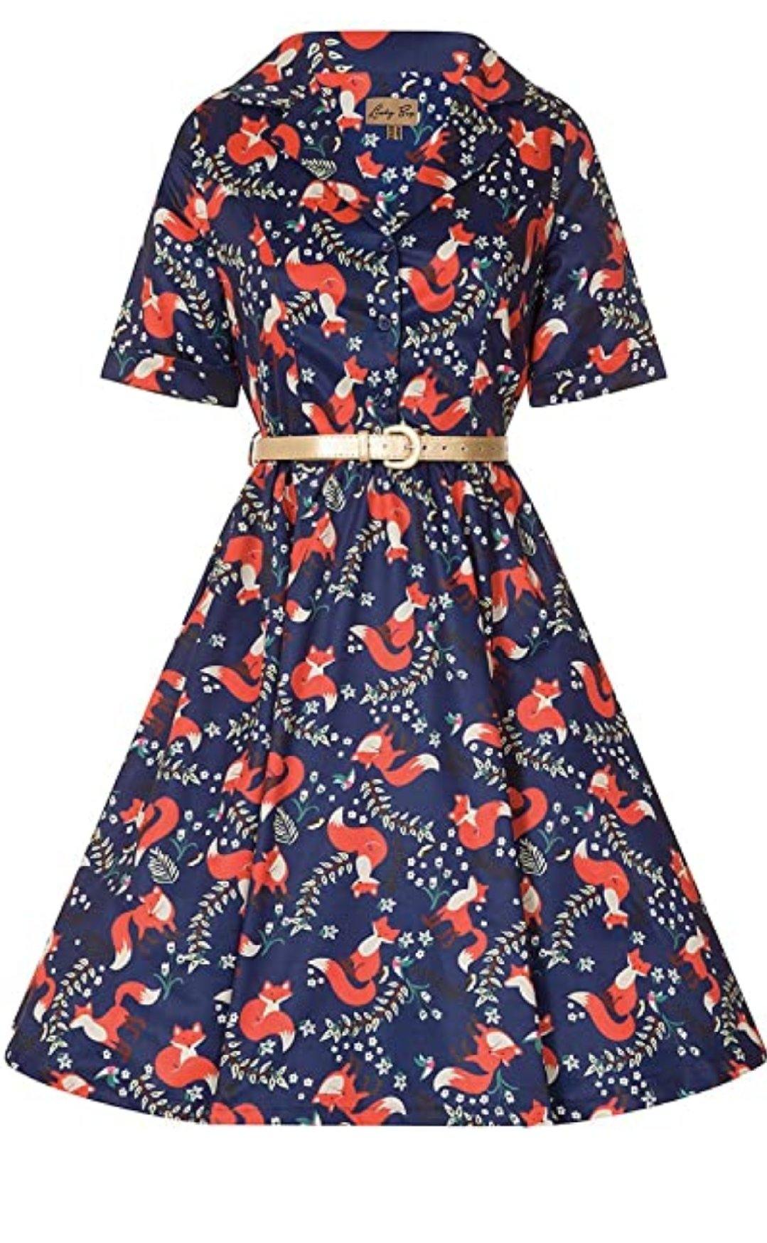 Lindy Bop Bletchley Indigo Foxprint Swing Dress HerSecretCloset
