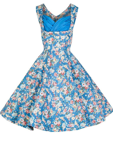 Lindy Bop Ophelia Sky Blue Floral Picnic Dress - HerSecretCloset.co.uk