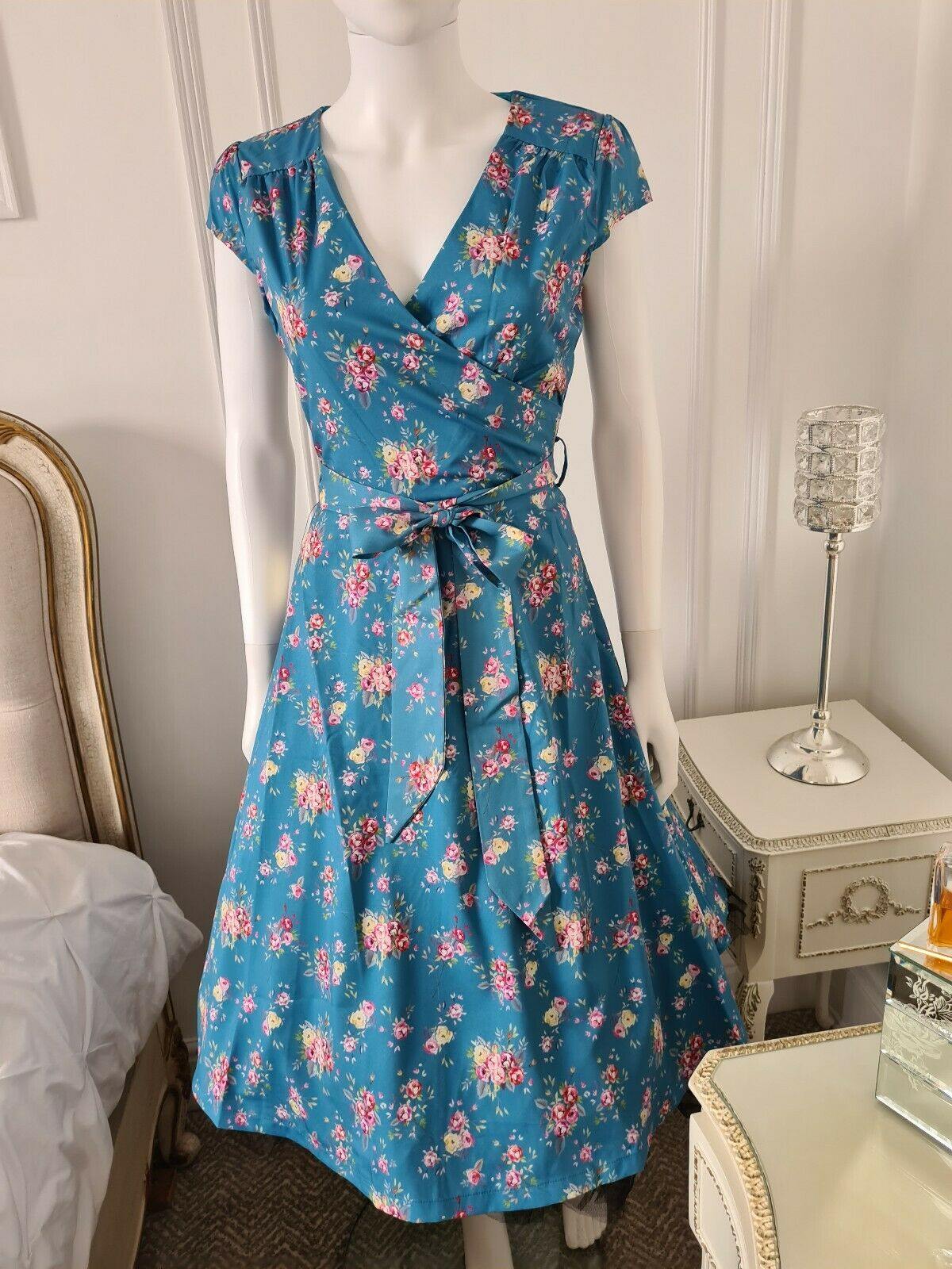 LINDY BOP Dawn Dress - Turquoise Vintage Rose - HerSecretCloset.co.uk