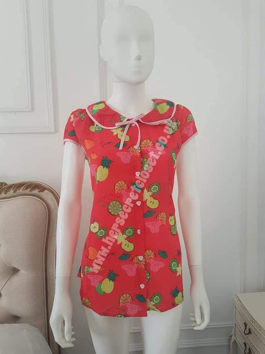 Lindy Bop Tracey Red Mae Red Fruit Cocktail Print Shirt - HerSecretCloset.co.uk