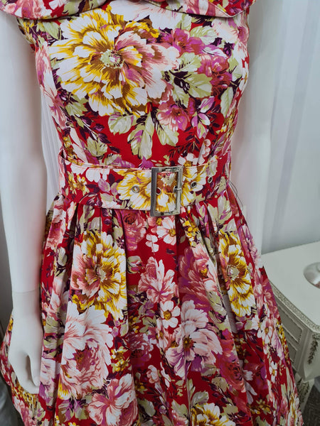 Lindy Bop Petite 'Hetty' Bow Shawl Collar Vintage 50's Red Floral Dress - HerSecretCloset.co.uk