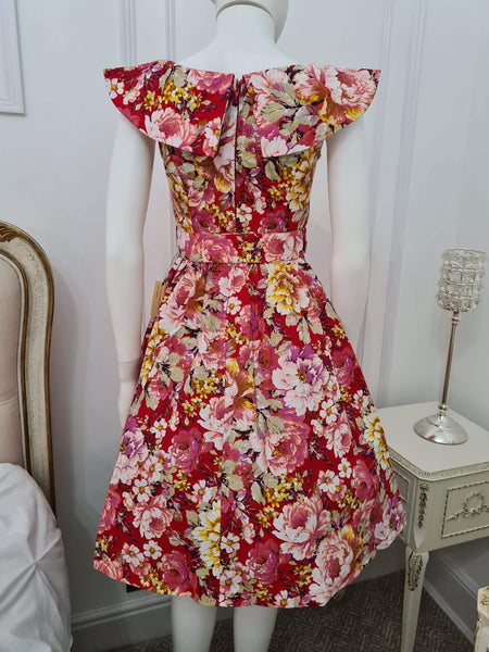 Lindy Bop Petite 'Hetty' Bow Shawl Collar Vintage 50's Red Floral Dress - HerSecretCloset.co.uk