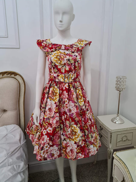 Lindy Bop Petite 'Hetty' Bow Shawl Collar Vintage 50's Red Floral Dress - HerSecretCloset.co.uk