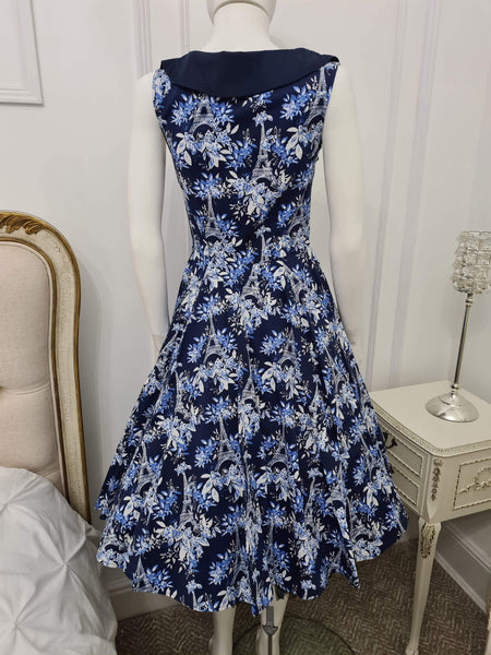 Lindy Bop "Octavia" Navy blue white Eiffel tower and flowers Swing Dress - HerSecretCloset.co.uk