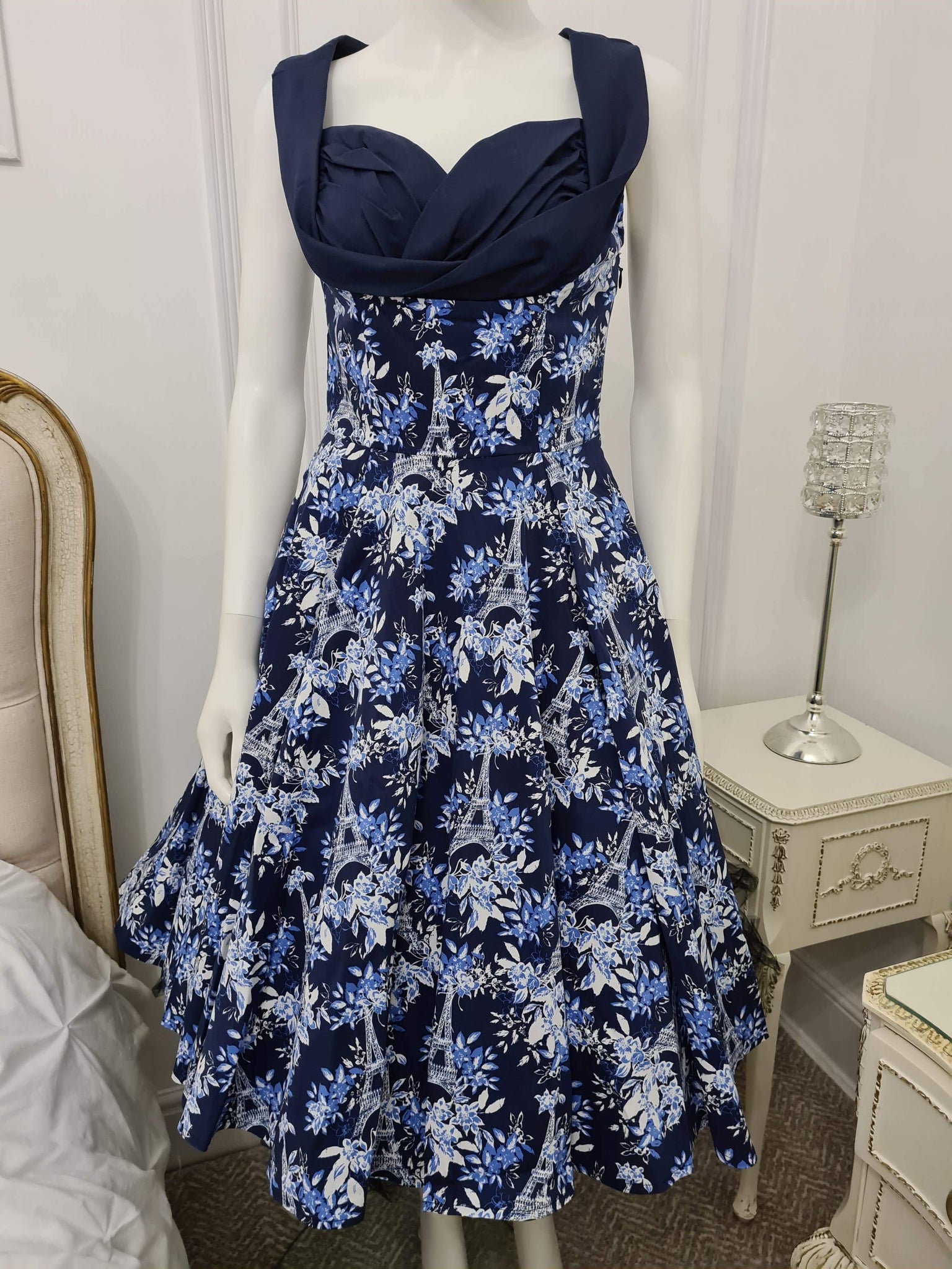 Lindy Bop "Octavia" Navy blue white Eiffel tower and flowers Swing Dress - HerSecretCloset.co.uk