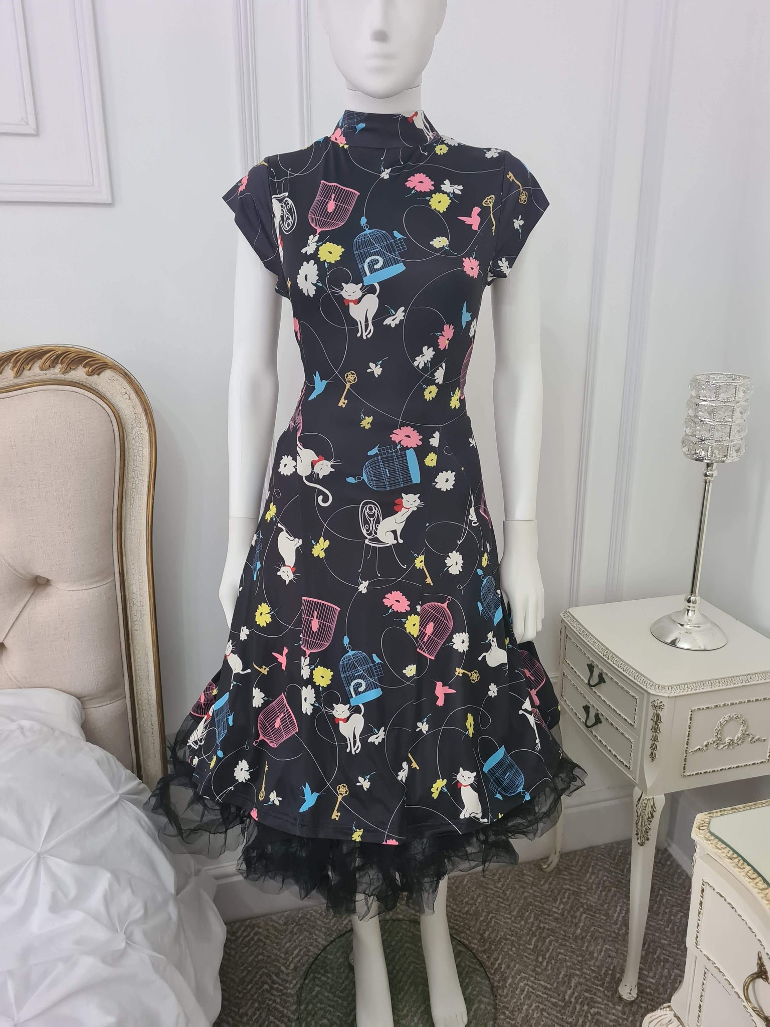 Lindy Bop Aidah Birdcage Print Black Dress - HerSecretCloset.co.uk