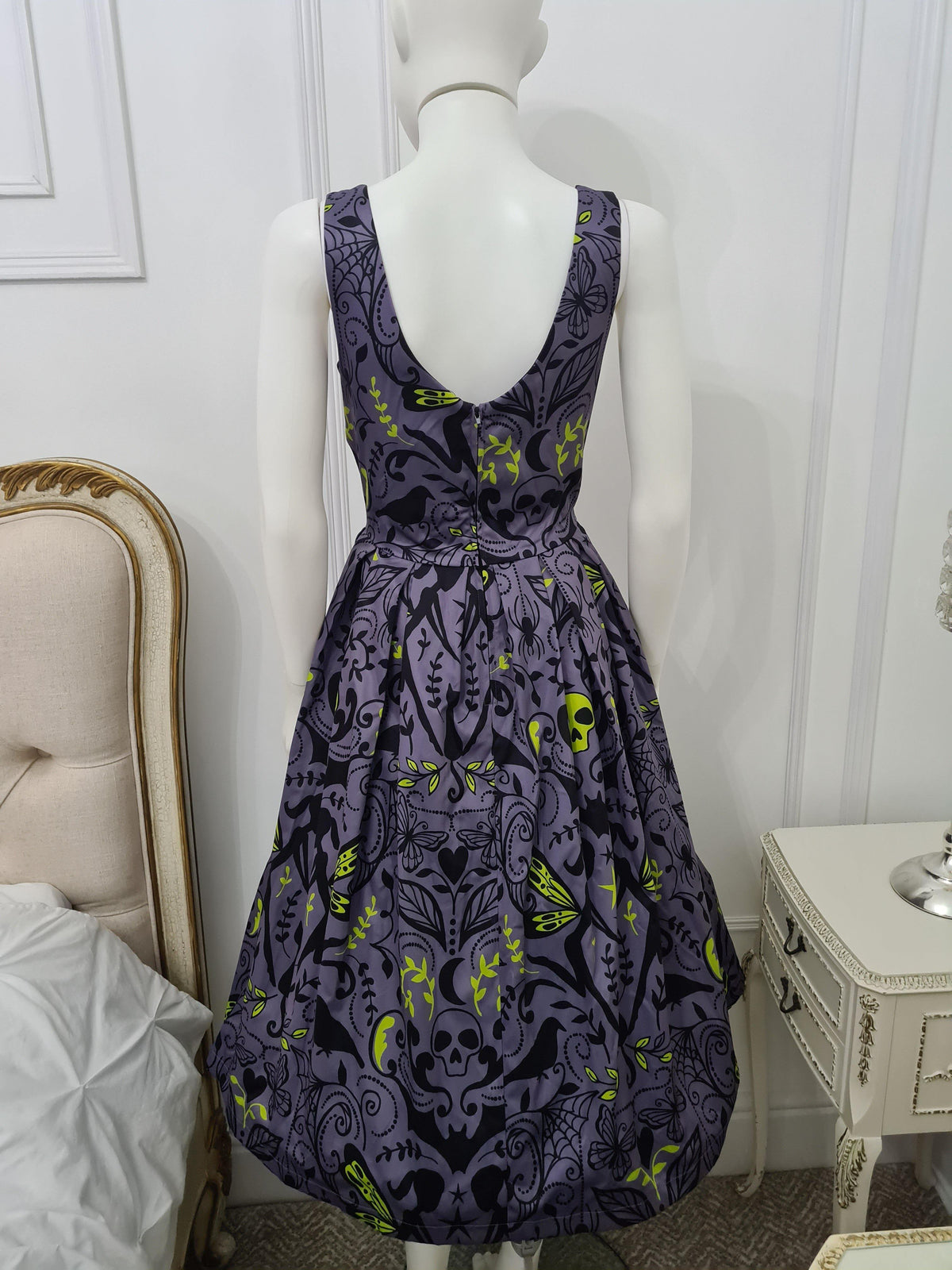 Lindy Bop Lana Gothic Print Grey Dress - HerSecretCloset.co.uk