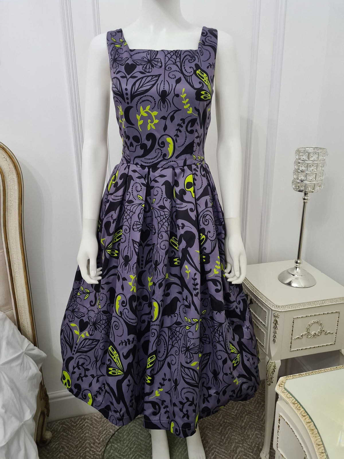 Lindy Bop Lana Gothic Print Grey Dress - HerSecretCloset.co.uk