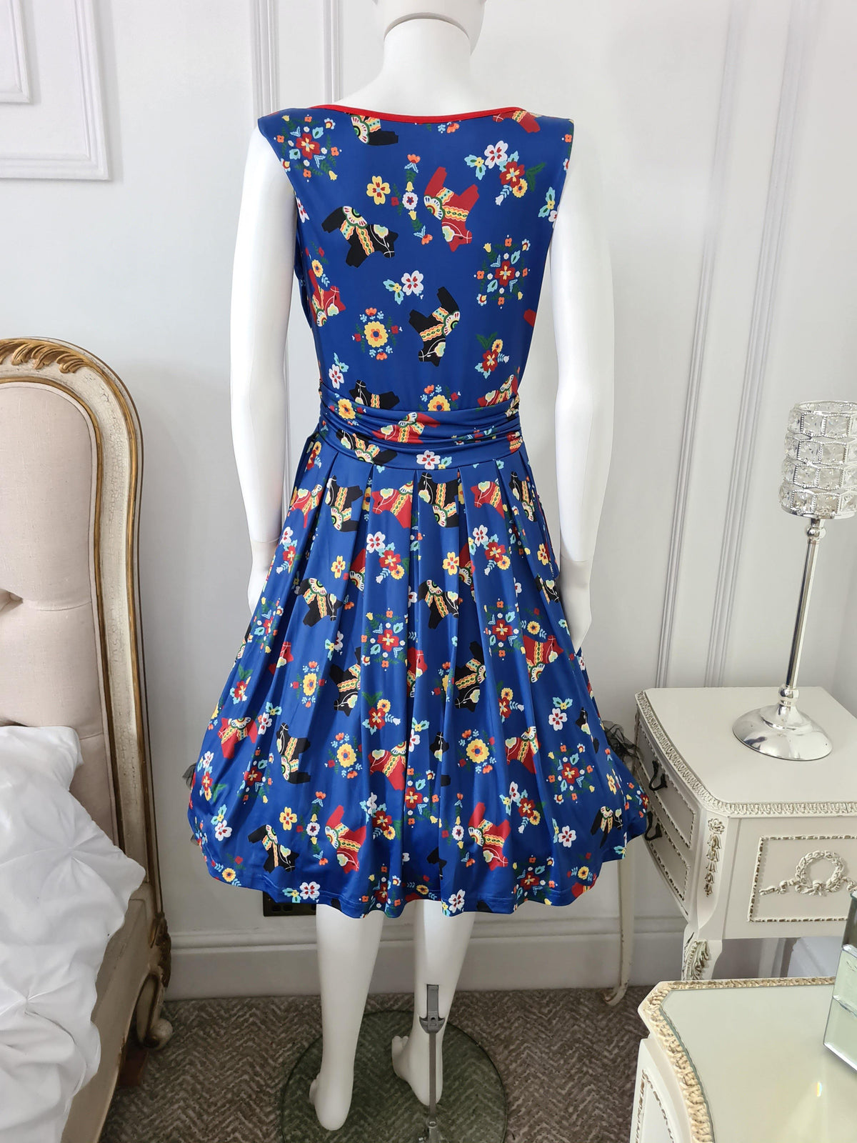 Lindy Bop Sofia Pinata Print Blue V Neck Wrap Bodice Dress - HerSecretCloset.co.uk