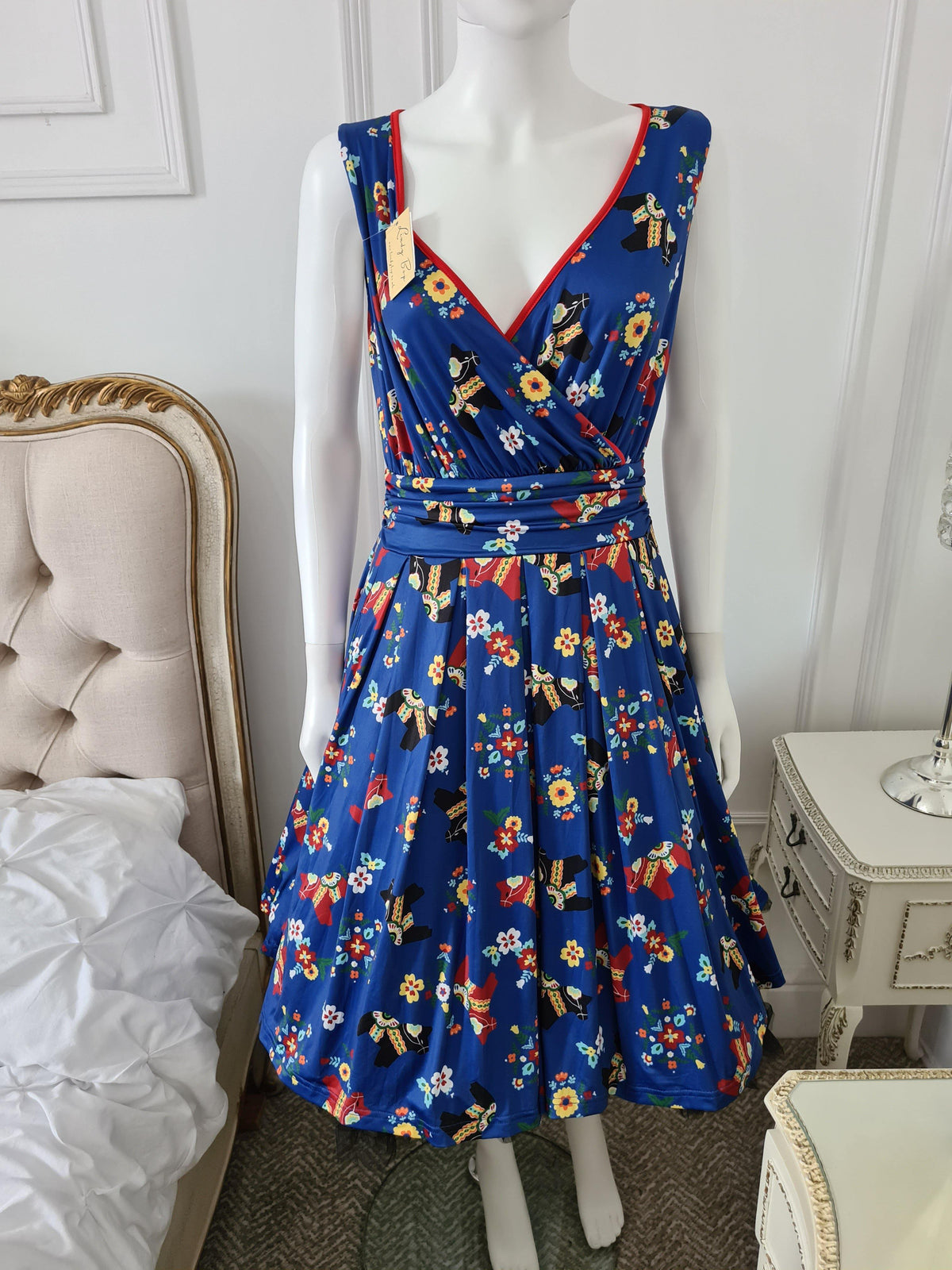 Lindy Bop Sofia Pinata Print Blue V Neck Wrap Bodice Dress - HerSecretCloset.co.uk