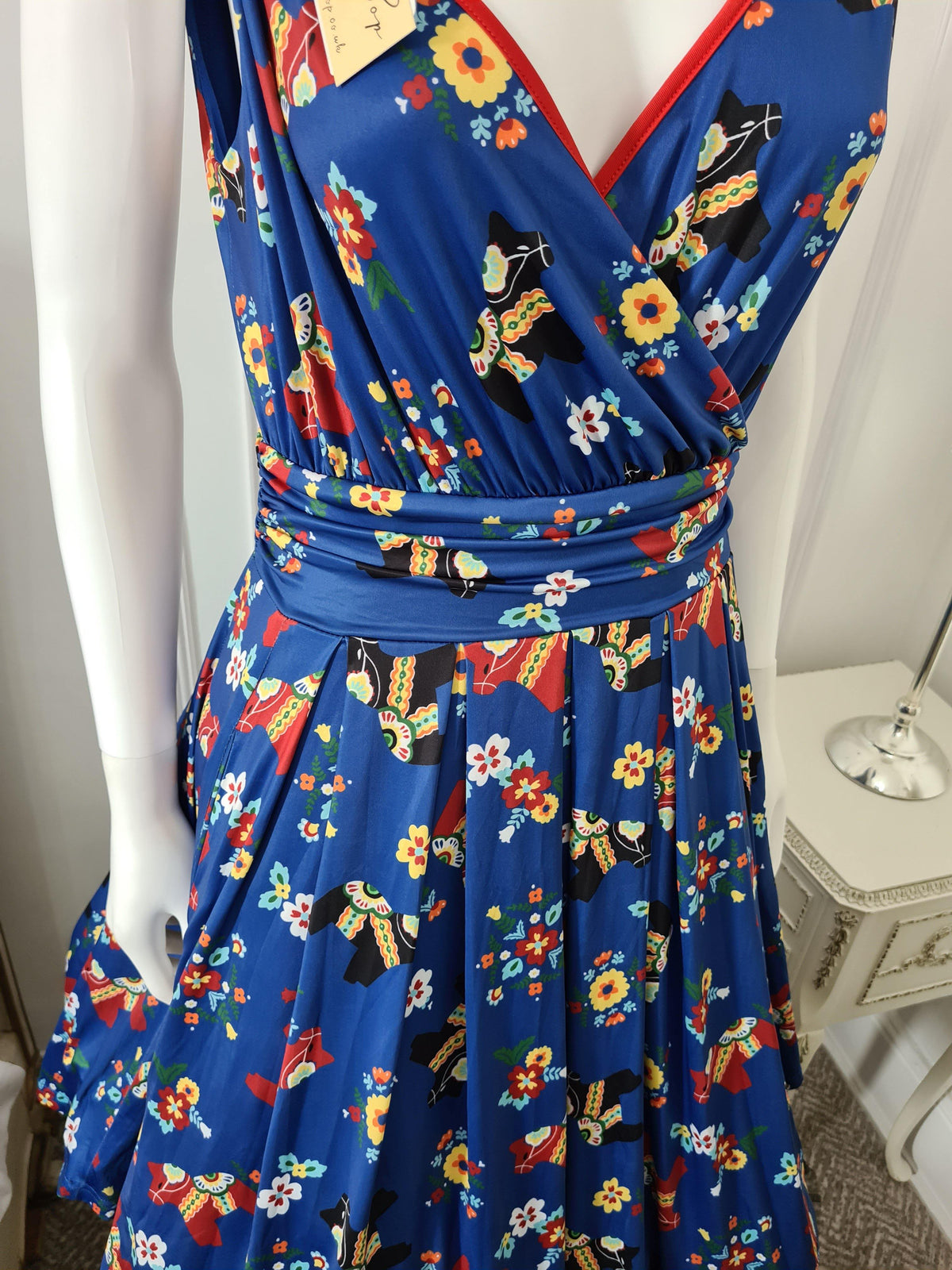 Lindy Bop Sofia Pinata Print Blue V Neck Wrap Bodice Dress - HerSecretCloset.co.uk