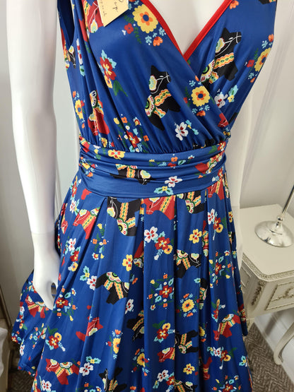 Lindy Bop Sofia Pinata Print Blue V Neck Wrap Bodice Dress - HerSecretCloset.co.uk
