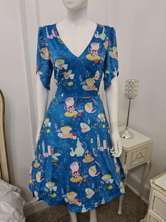 Lindy Bop Camilla Blue Teacups Stretchy Dress - HerSecretCloset.co.uk