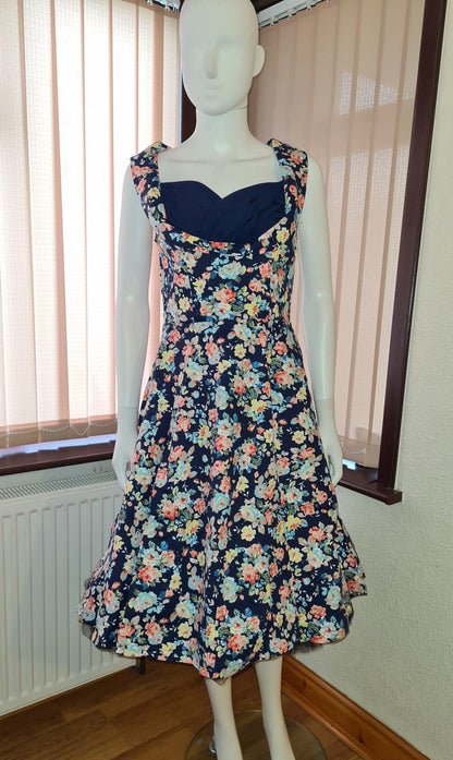 Lindy Bop 'Ophelia' Vintage 1950's Dark Blue Floral Spring Garden Party Picnic Dress - HerSecretCloset.co.uk