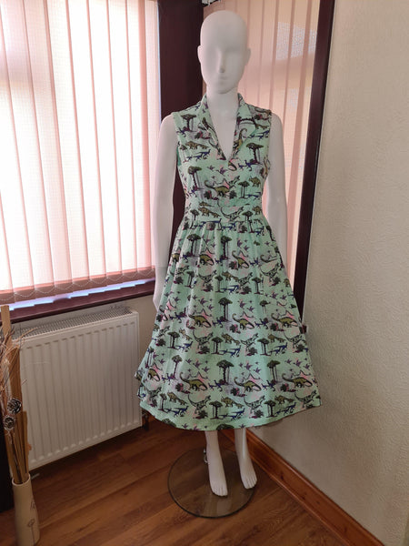 Lindy Bop Rare Joy Green Dinosaur Dress - HerSecretCloset.co.uk