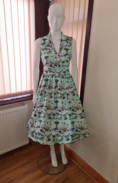 Lindy Bop Rare Joy Green Dinosaur Dress - HerSecretCloset.co.uk