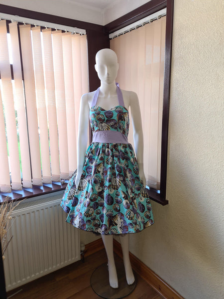 Lindy Bop Anayah Blue Shell Print Halterneck Dress - HerSecretCloset.co.uk