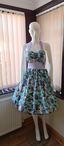 Lindy Bop Anayah Blue Shell Print Halterneck Dress - HerSecretCloset.co.uk