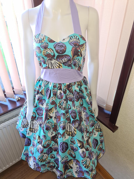 Lindy Bop Anayah Blue Shell Print Halterneck Dress - HerSecretCloset.co.uk