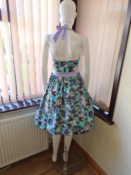 Lindy Bop Anayah Blue Shell Print Halterneck Dress - HerSecretCloset.co.uk