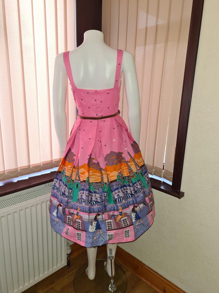 Lindy Bop Bernice' Pink Paris Border Print Swing Dress - HerSecretCloset.co.uk