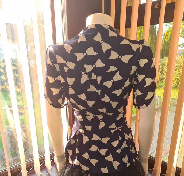 Lindy Bop Angel Bow Print Navy Blouse Classic Vintage Inspired - HerSecretCloset.co.uk