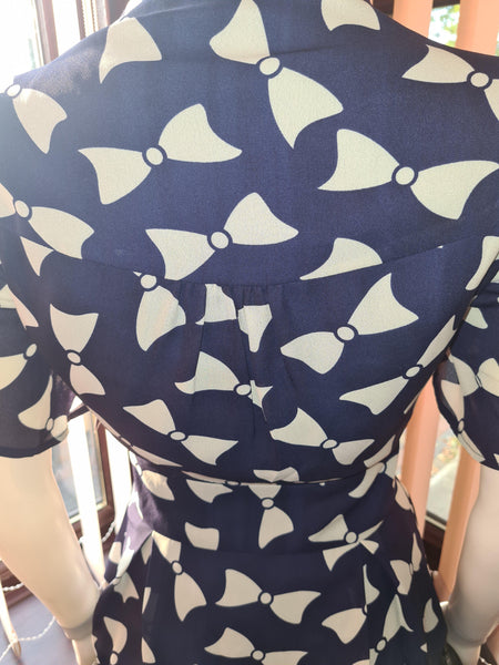 Lindy Bop Angel Bow Print Navy Blouse Classic Vintage Inspired - HerSecretCloset.co.uk