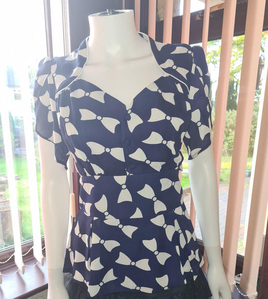 Lindy Bop Angel Bow Print Navy Blouse Classic Vintage Inspired - HerSecretCloset.co.uk