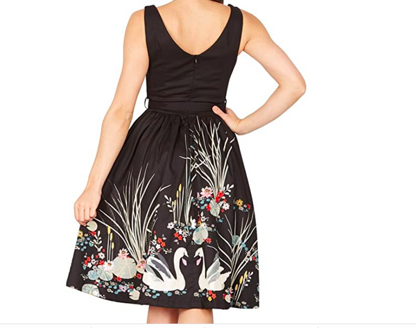 Lindy Bop Delta Black Swan Border Swing Dress