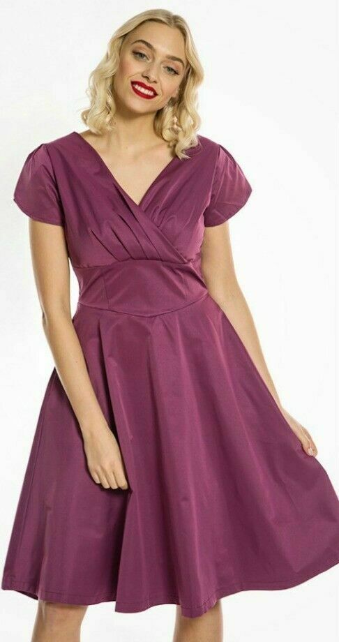 Lindy Bop Birdie Damson Heavy Satin Vintage Evening Swing Party Dress