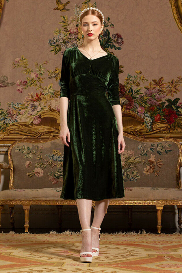 Lindy Bop 'Norah' Green Velvet Vintage Retro 3/4 Sleeve Midi Dress