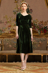 Lindy Bop 'Norah' Green Velvet Vintage Retro 3/4 Sleeve Midi Dress