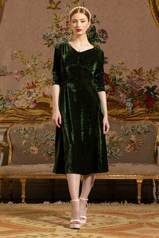 Lindy Bop 'Norah' Green Velvet Vintage Retro 3/4 Sleeve Midi Dress