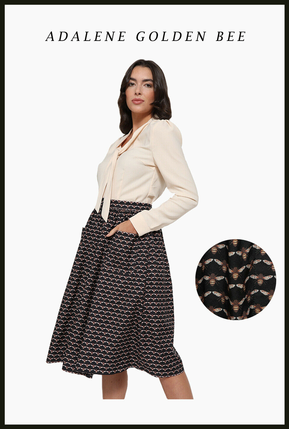 Lindy Bop Adalene GOLDEN Vintage Bee Print Swing Skirt with Pockets