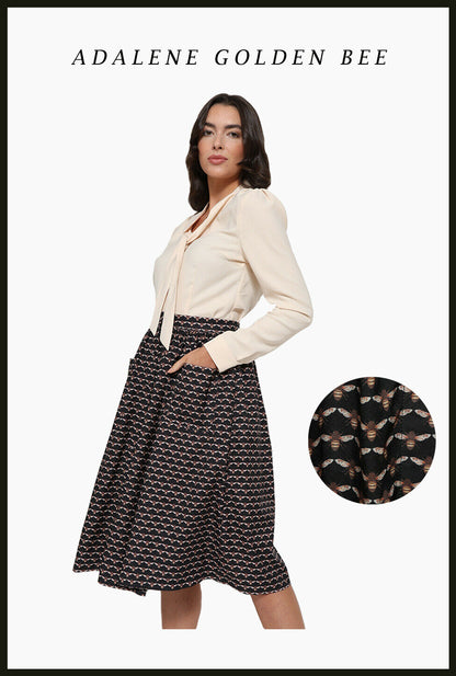 Lindy Bop Adalene GOLDEN Vintage Bee Print Swing Skirt with Pockets