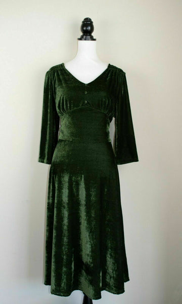 Lindy Bop 'Norah' Green Velvet Vintage Retro 3/4 Sleeve Midi Dress