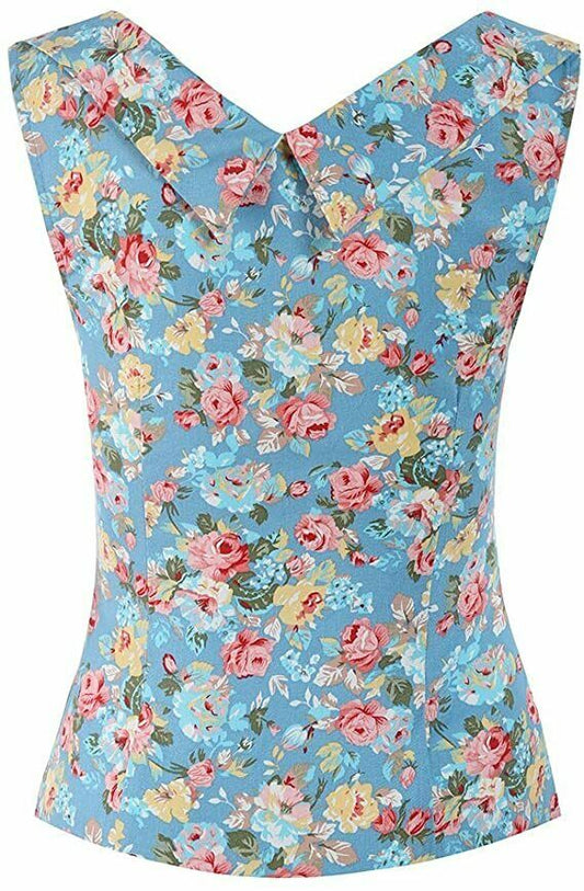 Lindy Bop Dorelia Sky Blue Floral Flattering Rockabilly Top