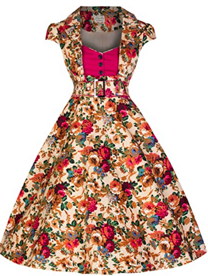 Lindy Bop Geneva Beige/Multi Floral Vintage Fit & Flare Dress