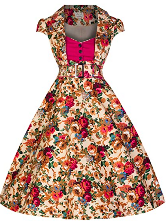 Lindy Bop Geneva Beige/Multi Floral Vintage Fit & Flare Dress