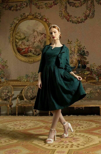 New Lindy Bop Marianne Jacquard Swing Dress Matching Jacket Emerald