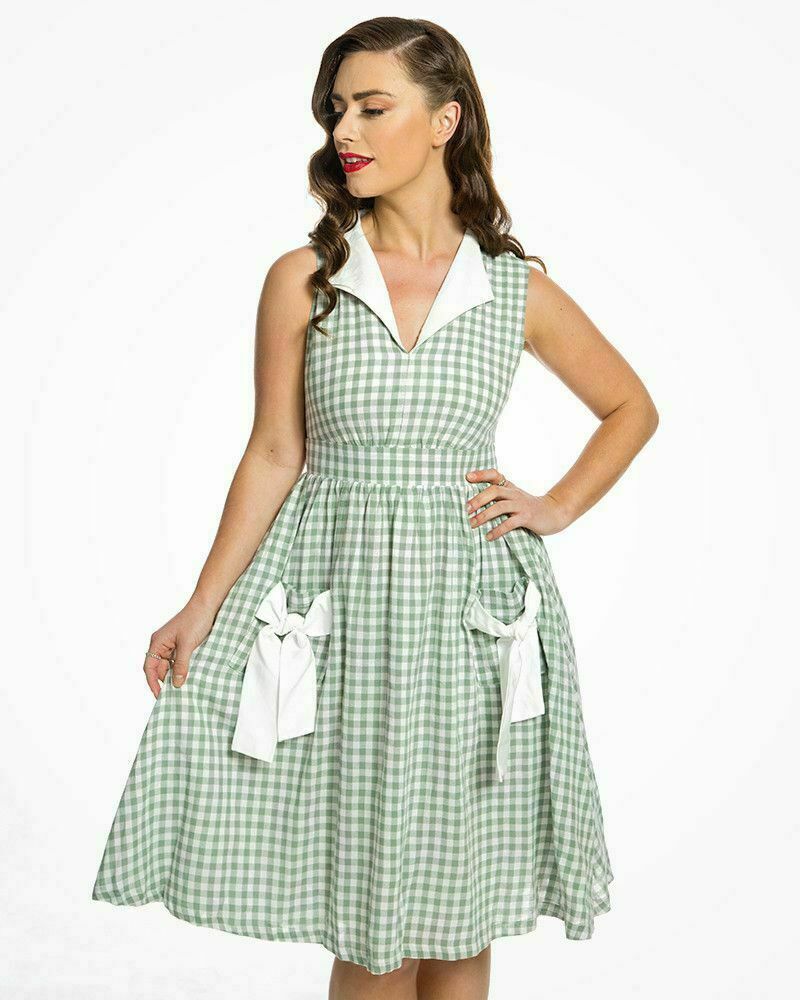 Lindy Bop Joanne Sage Gingham Check Vintage Retro Summer Pleat 1940s Dress