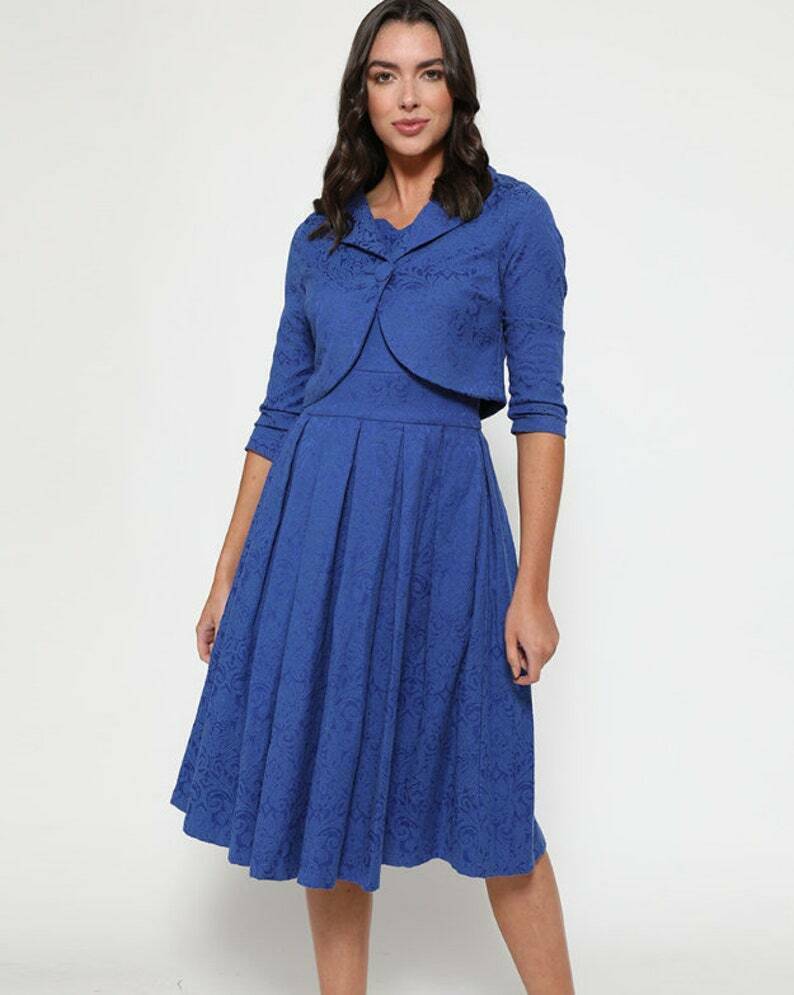 Elegant Lindy Bop Autumn Cobalt Dress With Jacket - Two Piece