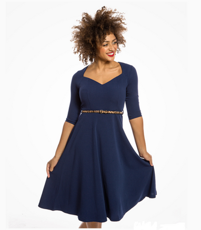 Lindy Bop 'Vicki' Navy Blue Sweetheart Neckline Belted Swing Dress