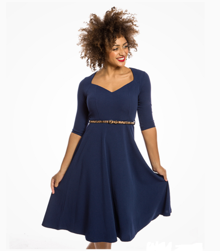 Lindy Bop 'Vicki' Navy Blue Sweetheart Neckline Belted Swing Dress