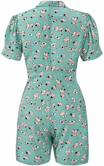 Poker Lindy Bop 'Beaujolie' Green Playing Cards Playsuit Size 8